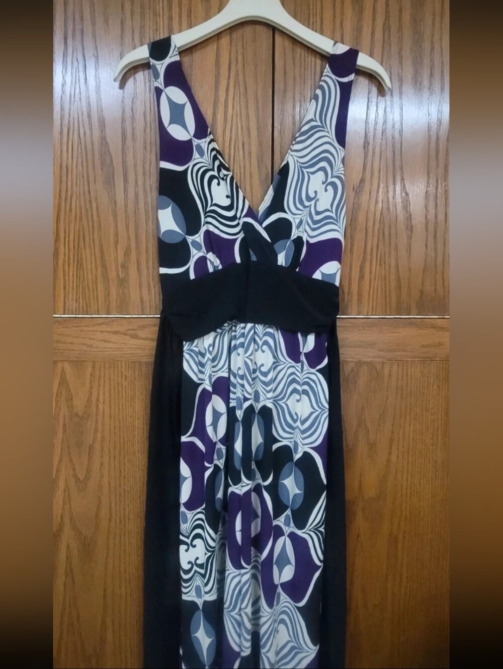 Blu Sage Purple, Black & White Sleeveless V-Neck Patterned Dress